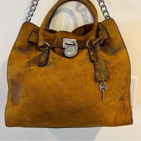Michael Kors Hamilton Distressed Suede Leather Mocha Brown Lock Key Bag Satchel - Picture 2 of 16